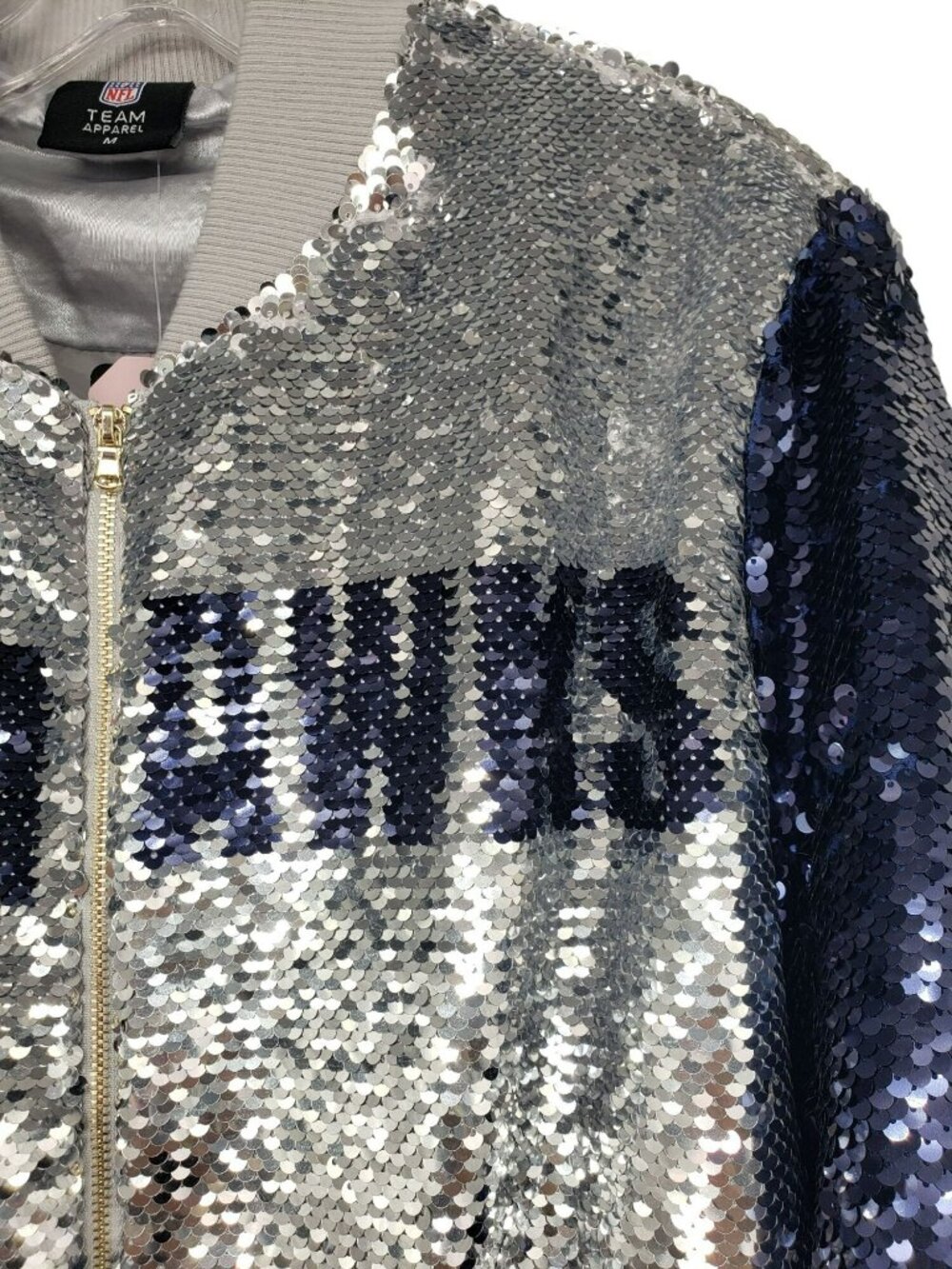 Seattle Seahawks Sequins Silver Blue Bomber Jacket Womens M Medium NFL Bling - Picture 4 of 16